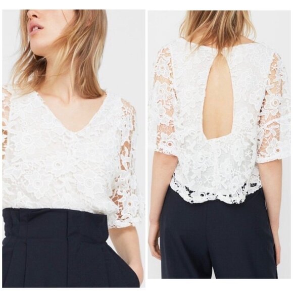 Mango Tops - Mango lace blouse top keyhole white M bell sleeves